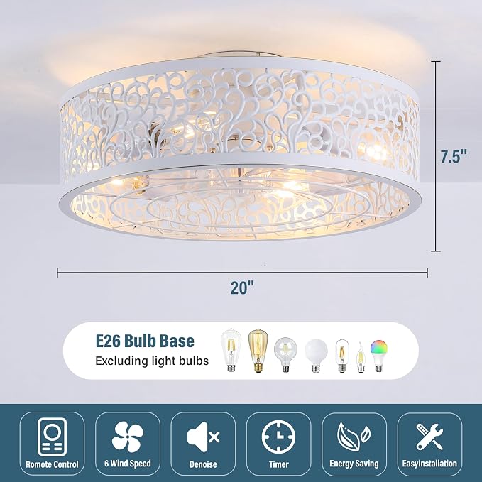 COCOSTAR Farmhouse Ceiling Fan with Light and Remote White Caged Fandelier | Smart Remote/APP,Low Profile,6 Speed,20in Small Flush Ceiling Light Fixture with Fan for Living Dining Kitchen Girls Bedroom