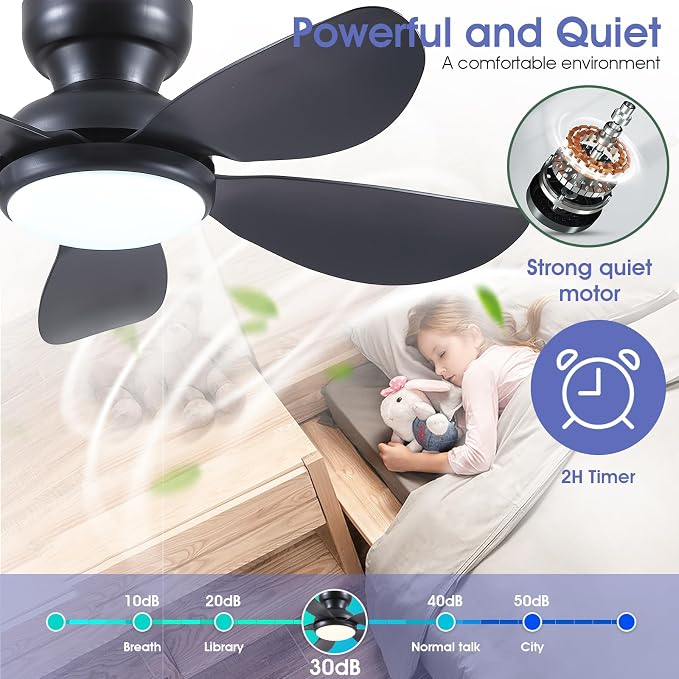 Kviflon 36 Inch Modern Ceiling Fans with Lights, Small Flush Mount Ceiling Fan, Remote/APP Control, 5 Reversible Curved Blades, 6 Speeds, 3 CCT Dimmable Lights for Kids Room Bedroom, Black