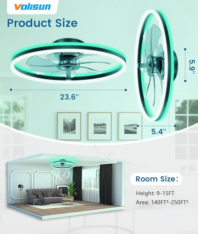 VOLISUN RGB Ceiling Fan with Lights and Remote, 23.6in Low Profile Ceiling Fan Flush Mount, 3000K-6500K Dimmable Fandelier LED Fan Light, Black Bladeless Ceilings Fans for Bedroom