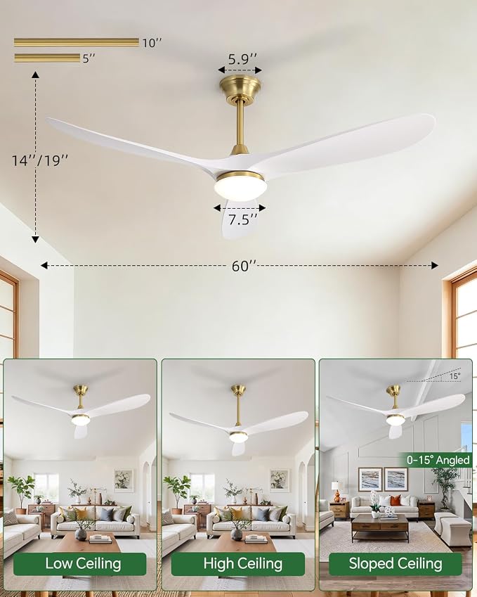 Sofucor 60 Inch Smart Ceiling Fan with Lights, ABS Blade, Golden & White | Alexa/Google/APP/Remote Control, Quiet DC Motor, Timer, 3CCT, Dimmable, Indoor Outdoor Bedroom/Living Room/Patio/Kitchen