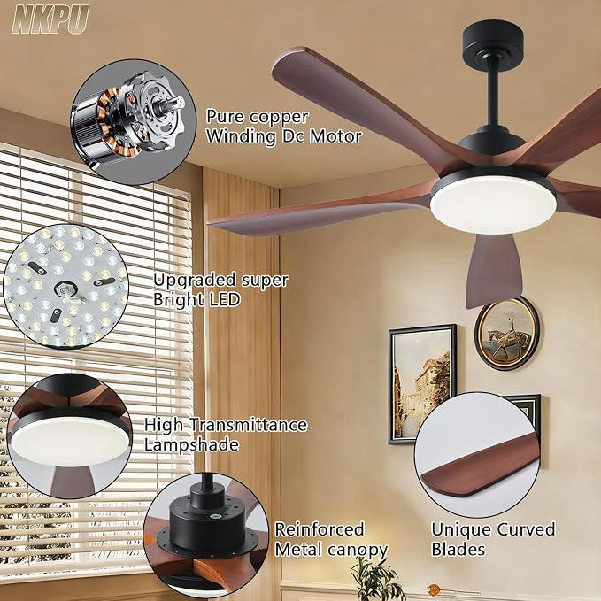 NKPU Ceiling Fans with Lights and Remote Control, 5 Solid Wood Blades, 3CCT Dimmable, Quiet DC Motor, 56 Inch Modern Outdoor Ceiling Fans for Bedroom Farmhouse Patios