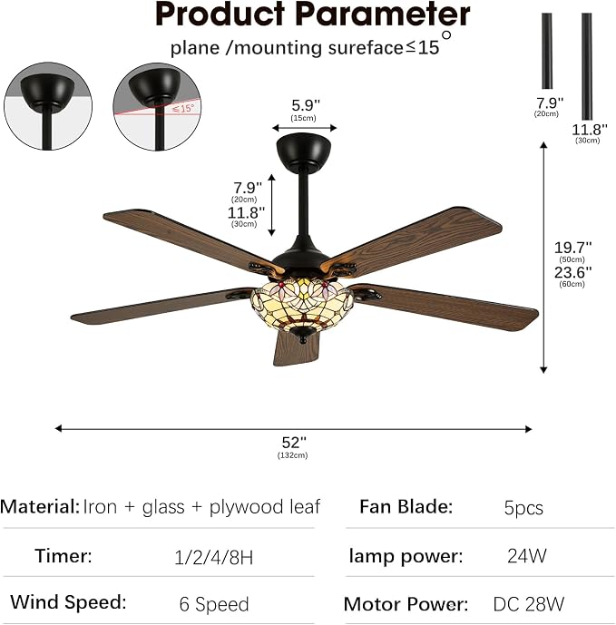 52" Tiffany Style Ceiling Fans with Lights, Vintage Chandelier Ceiling Fan with Stained Glass Shade, Dimmable LED, 6 Speeds Reversible for Bedroom (Red Dot)