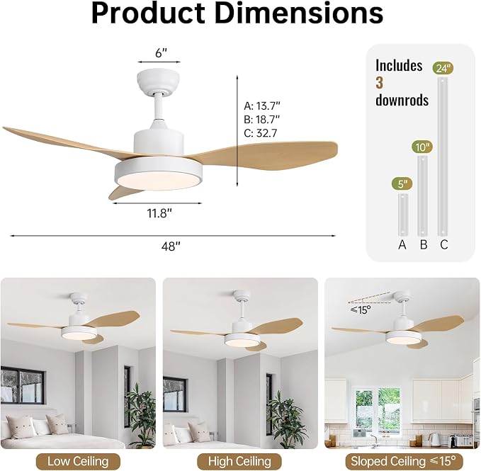 Sofucor 47 Inch Ceiling Fan with Lights and Remote Modern Outdoor White LED Ceiling Fans with Large Light Fixture Dimmable 6 Speeds Reversible DC Motor &Timing for Patio Bedroom Living Room Office
