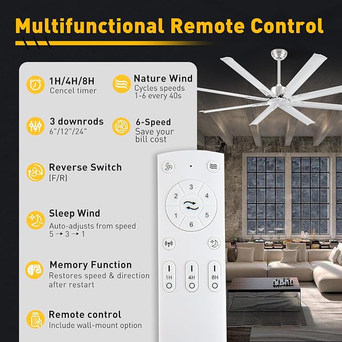 Minislak 72 Inch Ceiling Fan No Light with Remote,8 Aluminum Blades,Industrial DC Motor Quiet Operation,6 Speeds,Large Indoor Outdoor Ceiling Fan for Garage,Patio,Living Room(Brushed Nickel)