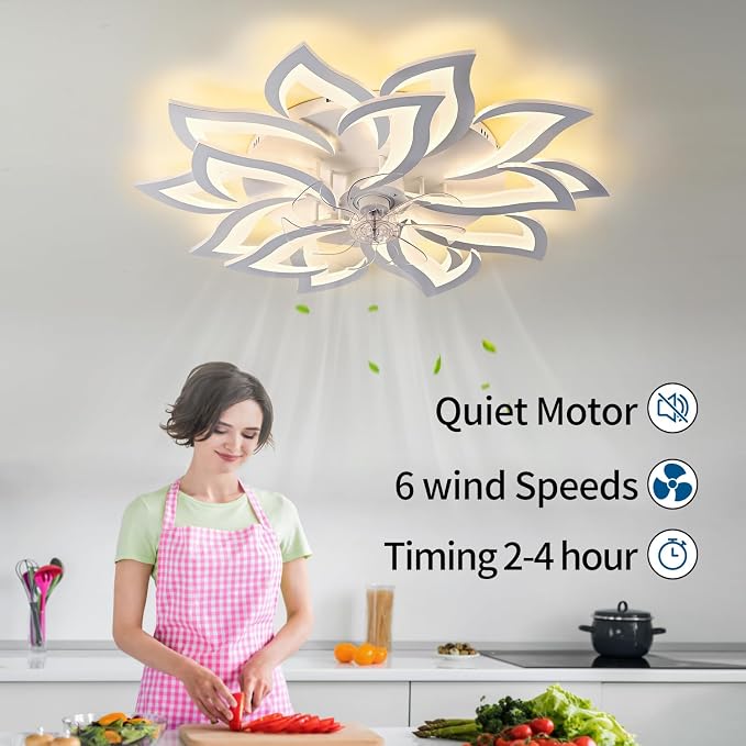 15Leaves-White Flower Modern CeilingFans with Lights, Low Profile Ceiling Fan with Remote for Bedroom, Ceiling Fan with LED Dimmable Light,3-Colors, 6-Speeds, Timing CeilingFan Light