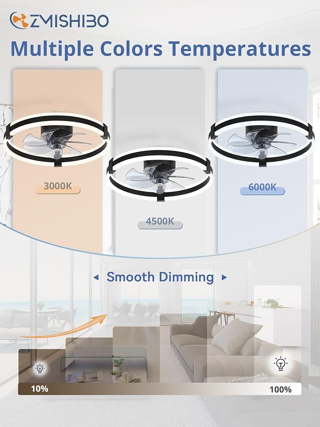 ZMISHIBO Ceiling Fans with Lights and Remote, 20 inch Low Profile Ceiling Fan with Light, 3000K-6000K Dimmable & 6 Wind Speeds, Modern Fandelier Flush Mount Ceiling Fan, Small LED Fan for Bedroom