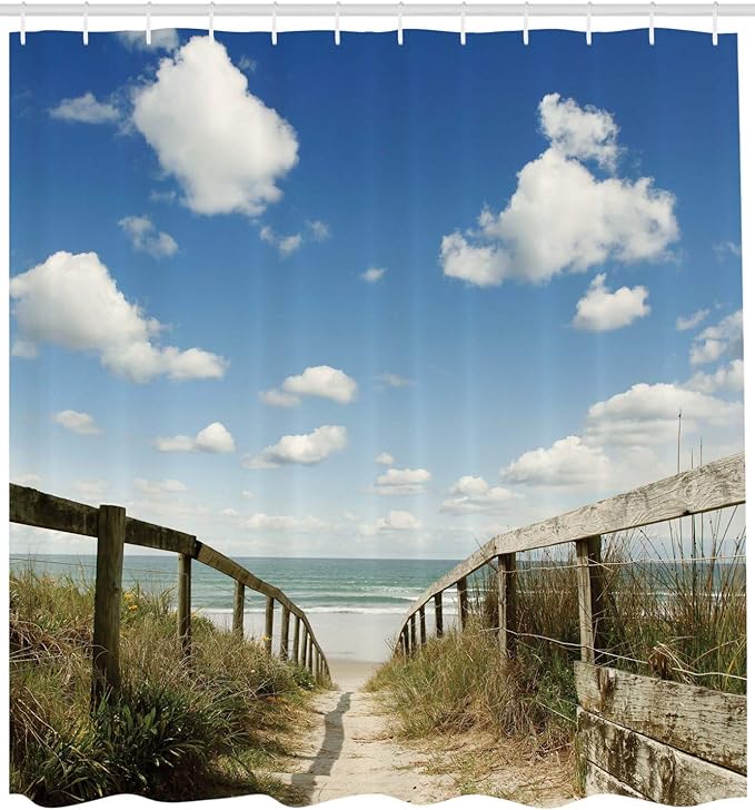 Ambesonne Beach Shower Curtain, Sandy Path Leads to Ocean Pacific Puffy Clouds Vacation Serene Relaxing Beach, Cloth Fabric Bathroom Decor Set with Hooks, 69" W x 70" L, White Cream