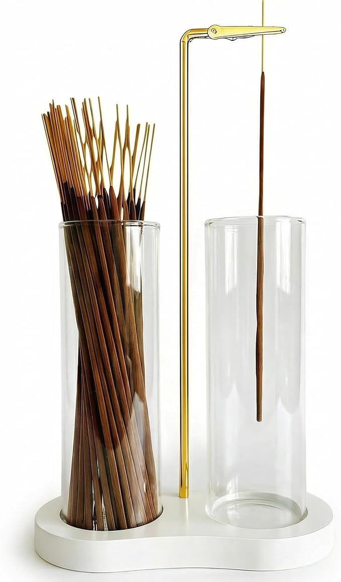 White Incense Holder,Glass Incense Sticks Burner Holder with Storage,Hang Upside Down Incense Holder for Sticks with Glass Ash Catcher for Meditation Yoga Spa Room Decor (White)