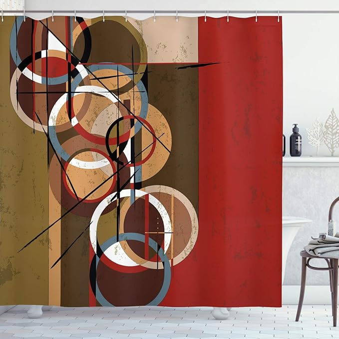 Ambesonne Modern Art Shower Curtain, Retro Surreal Abstract Circular and Square Shaped Artwork Lines on Murky Base, Cloth Fabric Bathroom Decor Set with Hooks, 69" W x 75" L, Burgundy Beige