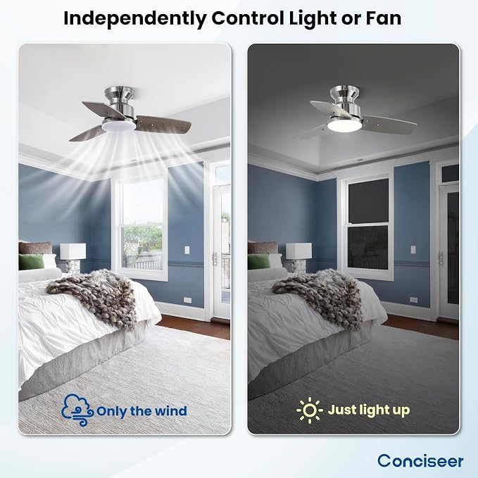30 Inch Ceiling Fans with Lights and Remote, Bedroom Living Room Office, Flush Mount, 6CCT Dimmable, Dual Color 3 Blades 6 Speed Reversible Quiet DC Motor, Chrome-Plated/Wood Grain