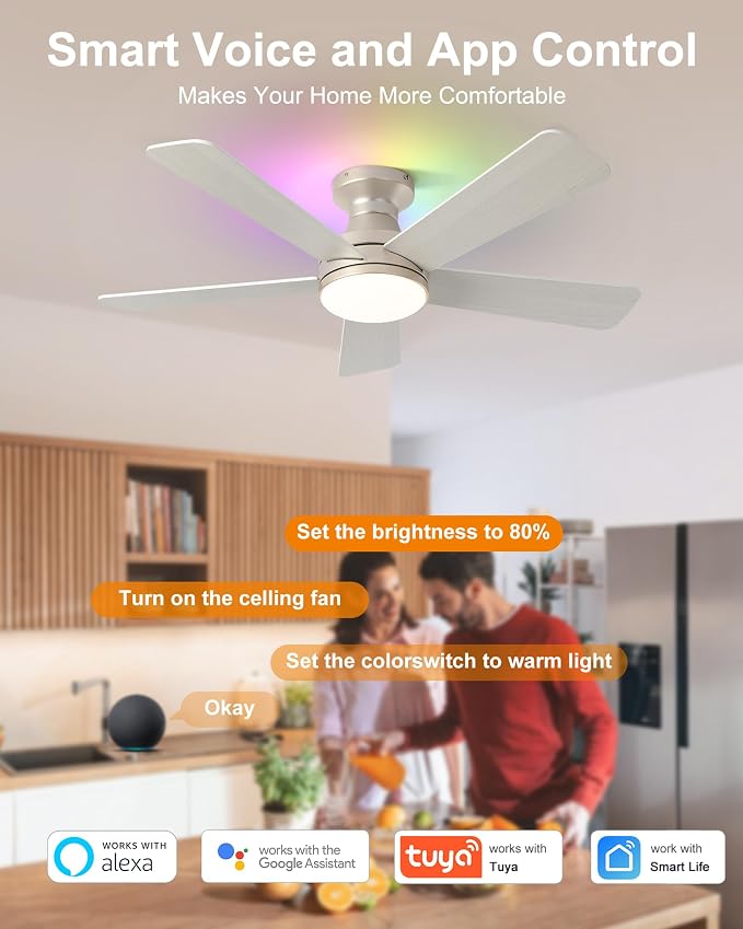42 Inch Ceiling Fans with Lights, Smart Ceiling Fan with Alexa Google App, Gold Ceiling Fan with RGB Lights Remote, 6 Speeds Reversible DC Motor, Modern Flush Mount for Bedroom Living Room