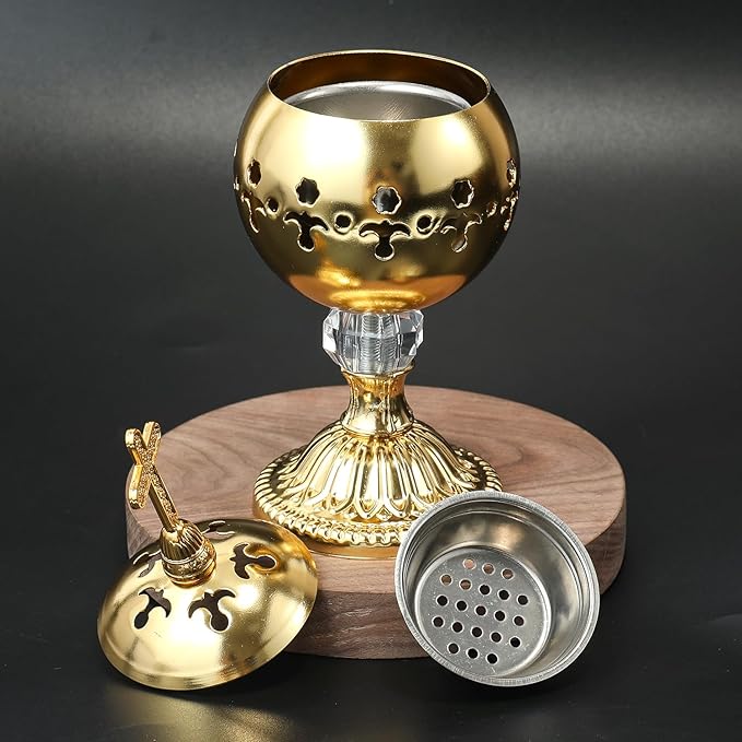 Nazareth Store Gold Incense Burner Charcoal Polished Brass Censer Christian Church Incense Holder Incense Cones Cross 7.9" Aromatherapy Fragrance Ornament