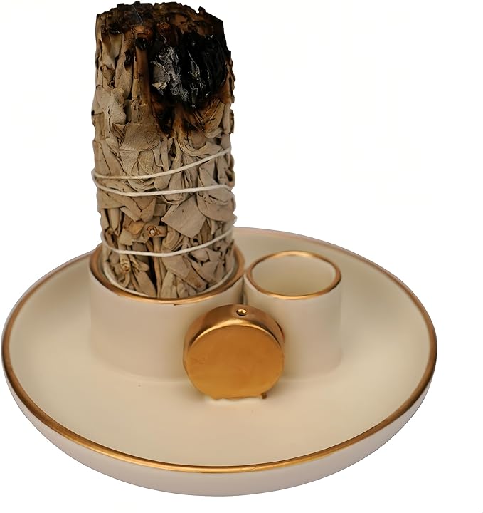 4 in 1 Incense Holder, Ceramic Incense Stick and Palo Santo Holder,Sage Holder for Burning- 4.25" Ceramic Ash Catcher Tray for Meditation and Yoga Room (White Golden)