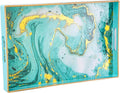 Decorative Tray, Marbling Plastic Tray with Handles, Rectangular Vanity Tray and Serving Tray for Bathroom, Kitchen, Ottoman and Coffee Table, 15.6" x 10.2" (Golden Blue)