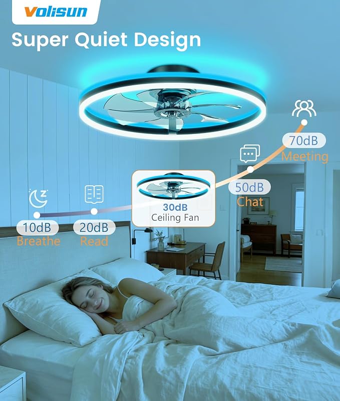 VOLISUN RGB Ceiling Fan with Lights and Remote, 23.6in Low Profile Ceiling Fan Flush Mount, 3000K-6500K Dimmable Fandelier LED Fan Light, Black Bladeless Ceilings Fans for Bedroom
