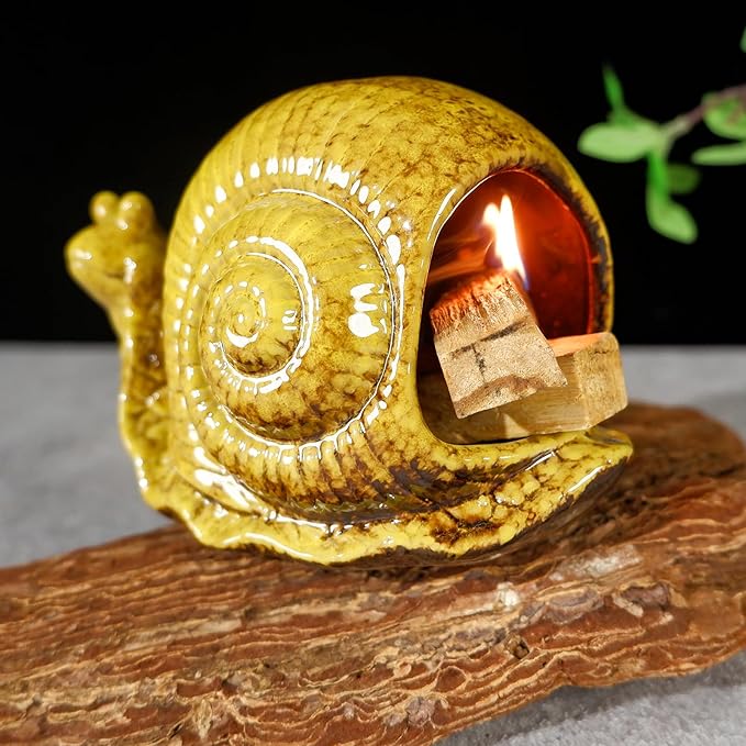 MOUGIGI Handcrafted Yellow Ceramic Snail Palo Santo Holder - Mini Fireplace Incense Burner for Sage, Wood Sticks, Cones & Tealights - Unique Aromatic Smudge Bowl for Yoga and Meditation Gifts