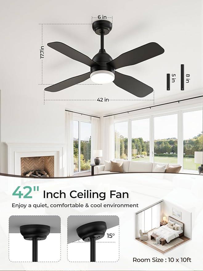 42 Inch Ceiling Fans with Lights: Ceiling Fan with 4 Dual Sided Fan Blades, Remote and App Control, 6 Wind Speed, Reversible DC Motor, 3CCT Dimmable LED, Small Black Ceiling Fan for Bedroom