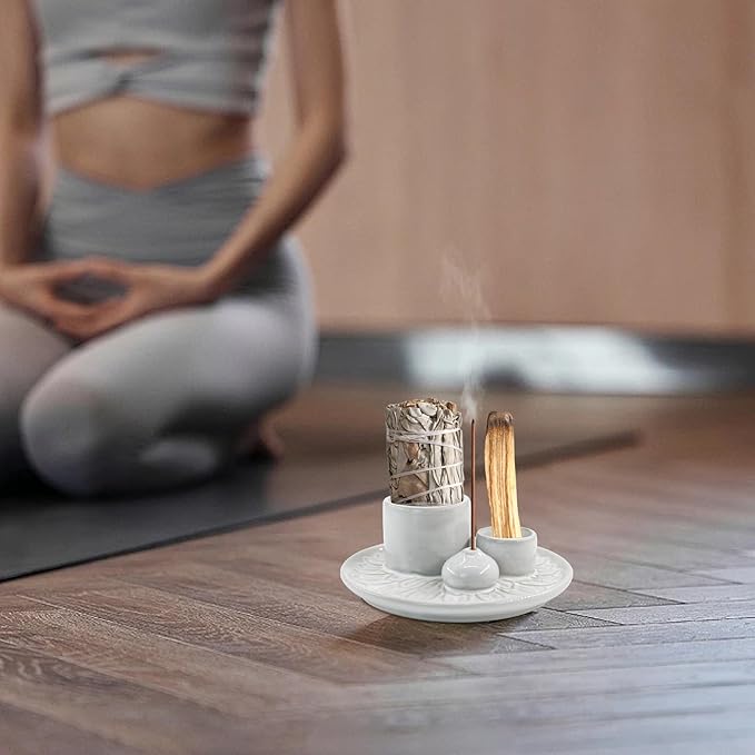 4 in 1 Ceramic Incense Holder, Incense Burner Ash Catcher Palo Santo Sage Holder for Home Decor Meditation Yoga (White)