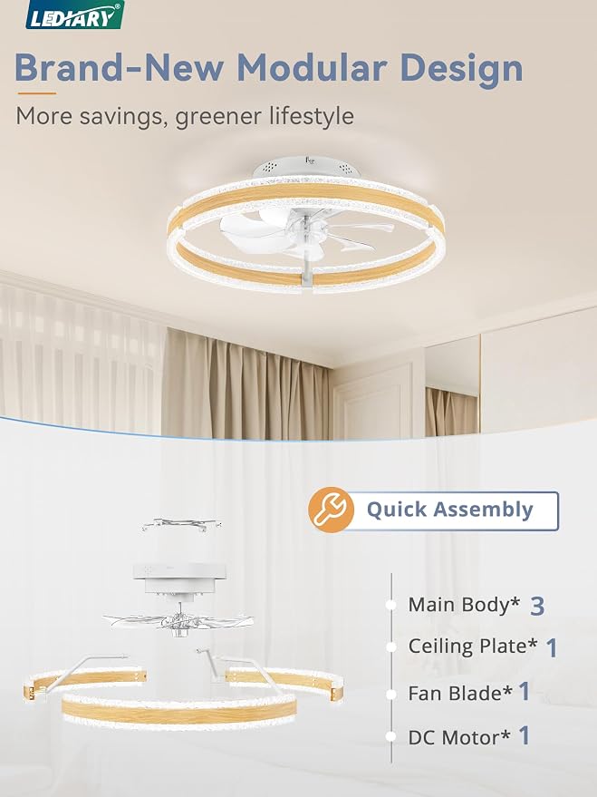 LEDIARY Ceiling Fans with Lights and Remote, 20'' Low Profile Ceiling Fan with Light, 3000-6000K Dimmable Fandelier Ceiling Fans, Modern Flush Mount Fan Light for Bedroom with 6 Wind Speeds-Wood Grain