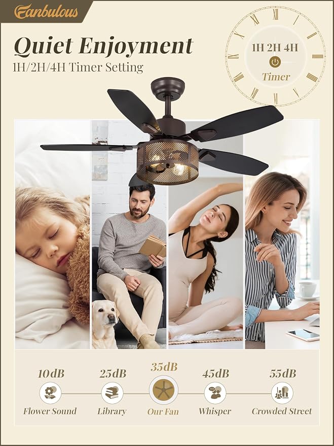 Fanbulous Farmhouse Oil Bronze Ceiling Fans with Lights and Remote, 42 Inch Bedroom Caged Ceiling Fans for Living Room Kitchen，6 Speed Reversible Quiet DC Motor, Dual Finish 5 Blades