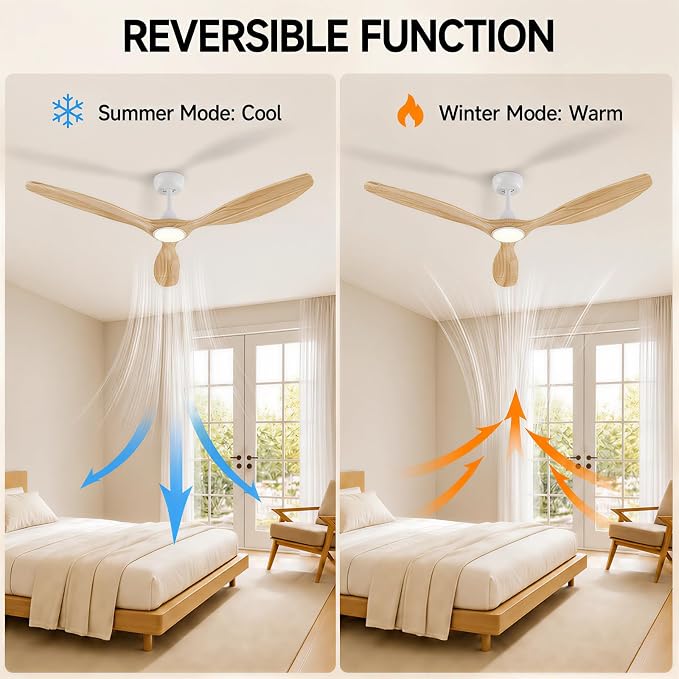 Skylike 52" Wood Outdoor Ceiling Fan with Lights, Propeller Farmhouse Ceiling Fan and Remote Control, 3 Blade Light Wood Ceiling Fan for Patio,Porch, Gazebo, Bedroom