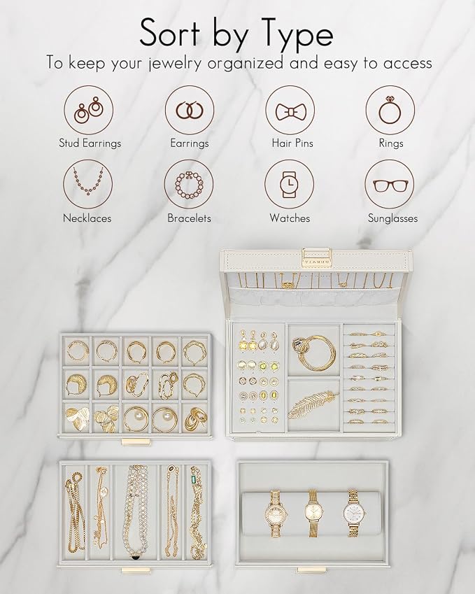 VLANDO 4 Layer Large Jewelry Box - Jewelry Holder Organizer, Jewelry Box Organizer for Drawer Necklace Ring Bracelet and Watch, Birthday Gift for Loved Ones - White