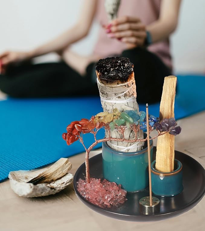 Dreamgirnh Multifunction Incense and Candle Holde, Crystal Tree Palo Santo Burning Sage Burner, Smudge Bowl Ash Catcher, Coffee Table Centerpiece Decor for Living Room, Women Gifts for Christmas