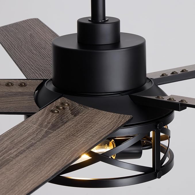 52 Inch Ceiling Fans with Lights and Remote Control, Low Profile Farmhouse Ceiling Fan for Bedroom Living Room and Patio, Black Caged Ceiling Fan for Indoor and Outdoor（NO BULBS）
