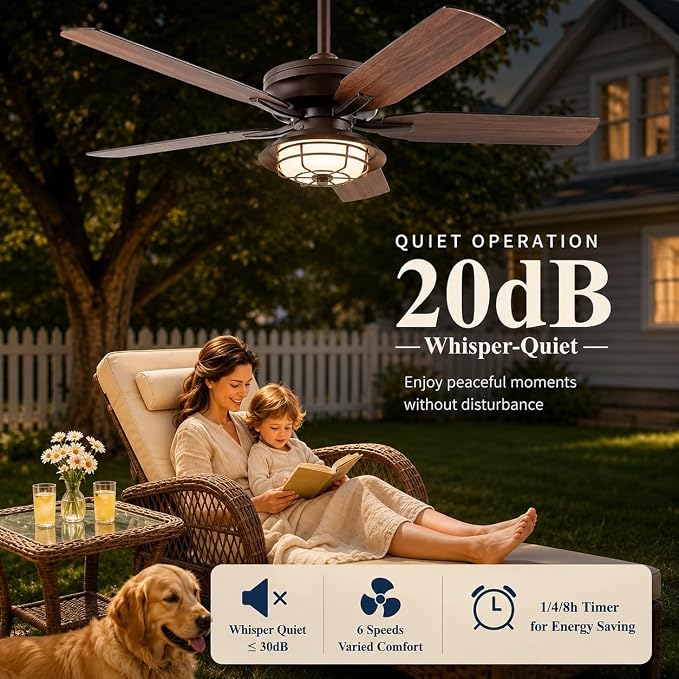 NORFOLK Outdoor Ceiling Fans with Lights and Remote, Waterproof 52 Inch Ceiling Fan with 3 Color LED Light for Patios, Gazebos, and Indoor, Wet Rated Farmhouse Modern Style