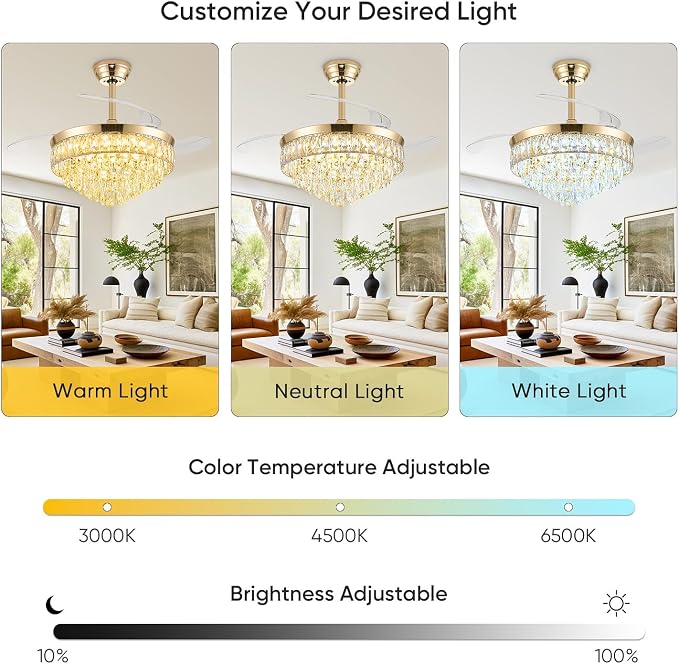 48 Inch Chandelier Ceiling Fan with Lights, Retractable Fan with Remote and APP, Crystal Fandelier Ceiling Fan, Dimmable LED, Reversible Motor, Quiet for Bedroom Living Room-Gold