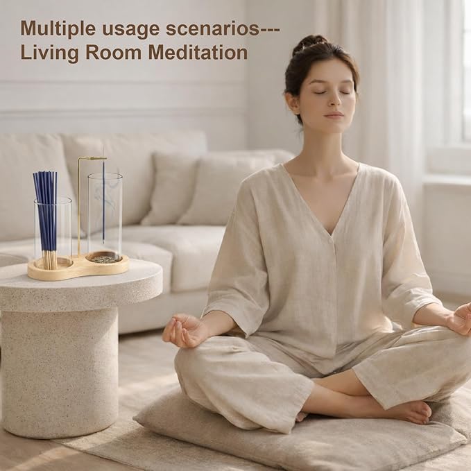 2-in-1 Incense Holder with Glass Ash Catcher & Stick Storage, Wooden Incense Burner for Relaxation, Stress Relief, Mess-Free Home Use, Self-Care, Meditation, Yoga, Bedroom & Living Room (Natural)
