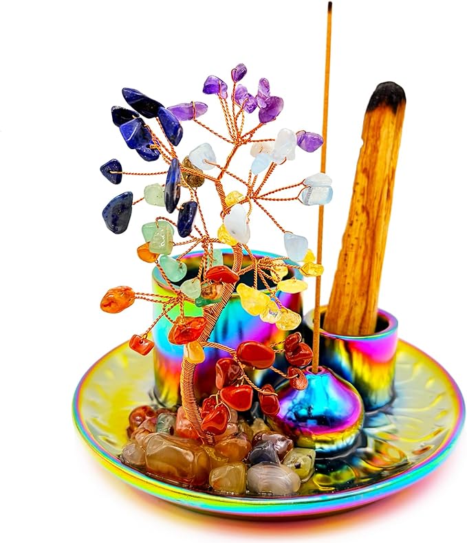 5 in 1 Incense Burner Holder with Crystal Tree for Burning Palo Santo Stick, Sage, Incense Sticks, Candle, Ceramic Tray Ash Catcher, Meditation Gift (Colorful)