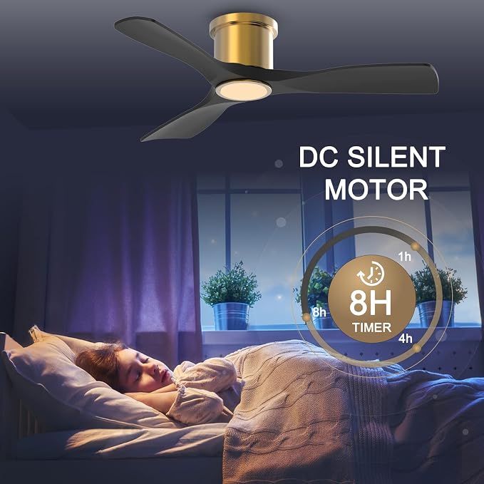 OFANTOP 52 Inch Flush Mount Smart Black Gold Ceiling Fan with Light Remote | Whisper-Quiet & Powerful Airflow, 3-Color Dimmable LED with Memory, Reversible Motor, Timer, for Bedroom Living Room