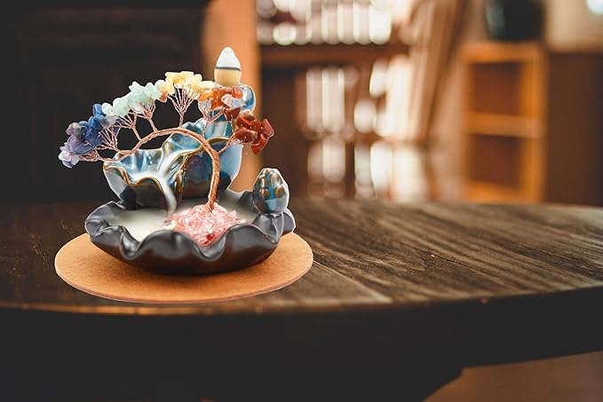 Dreamgirnh Chakras Backflow Incense Burner, Crystal Tree Incense Waterfall Fountain, Cone Incense Holde, Living Room Shelf Aesthetic Decor