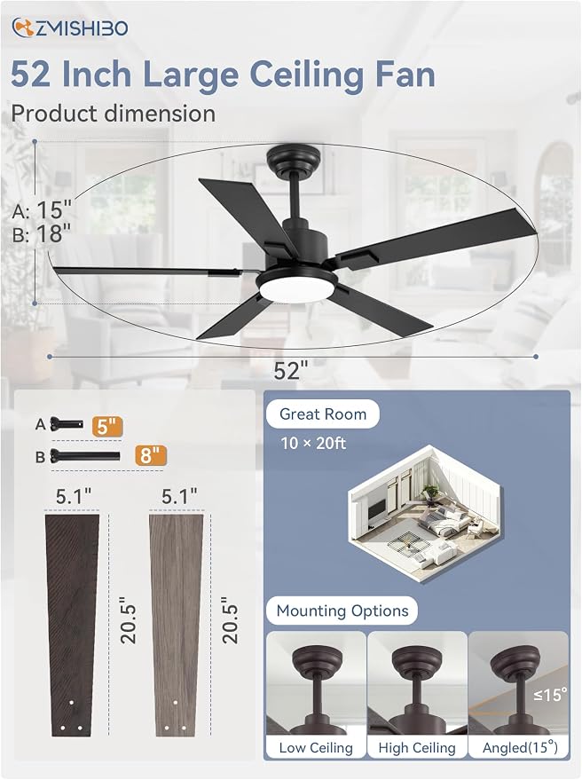 ZMISHIBO 52 inch Black Ceiling Fans with Lights and Remote, Indoor/Outdoor Modern Ceiling Fan for Bedroom Living Room Patio, 6 Speed Reversible Quiet DC Motor, 3 CCT, Dual Finish Blades