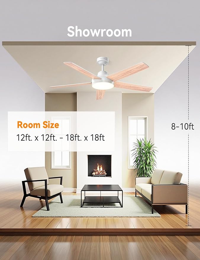 AKOFUN Ceiling Fans with Lights and Remote, Low Profile Ceiling Fan with Light, 6 Speed, Dimmable, DC Motor, Quiet, Timer, Modern LED Ceiling Fan for Bedroom Living Room 52 inch, White