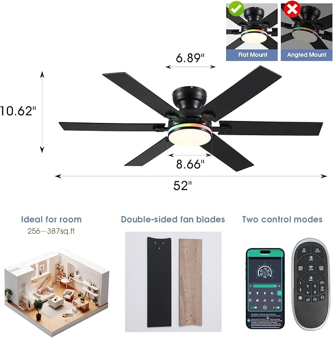 52"6-Blade Black Modern Low Profile RGB Ceiling Fans with Lights and Remote | 14 RGB Modes ,6 Wind Speeds, Reversible, Dimmable 3 Light Colors LED Light, Noiseless Quiet DC Motor,6 Double-Sided Blades