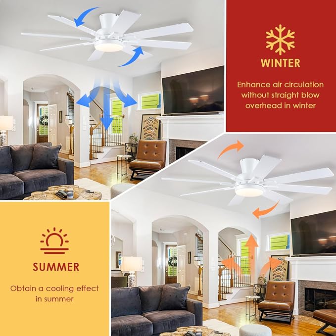 Mpayel Ceiling Fans with Lights, 52 Inch Low Profile Flush Mount Ceiling Fan, Modern White Ceiling Fan with Light for Bedroom Living Room, Remote/APP Control, Quiet DC Motor, Dimmable, 8 Wood Blades