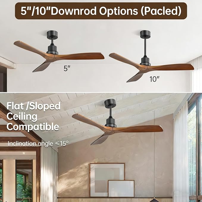 Sofucor 52 inch Ceiling Fan No Light, Solid Wood Indoor/Outdoor Ceiling Fans Without Lights, Remote Control, Reversible DC Motor, 3 Blade Low Profile Ceiling Fans for Patios, Bedroom, Farmhouse
