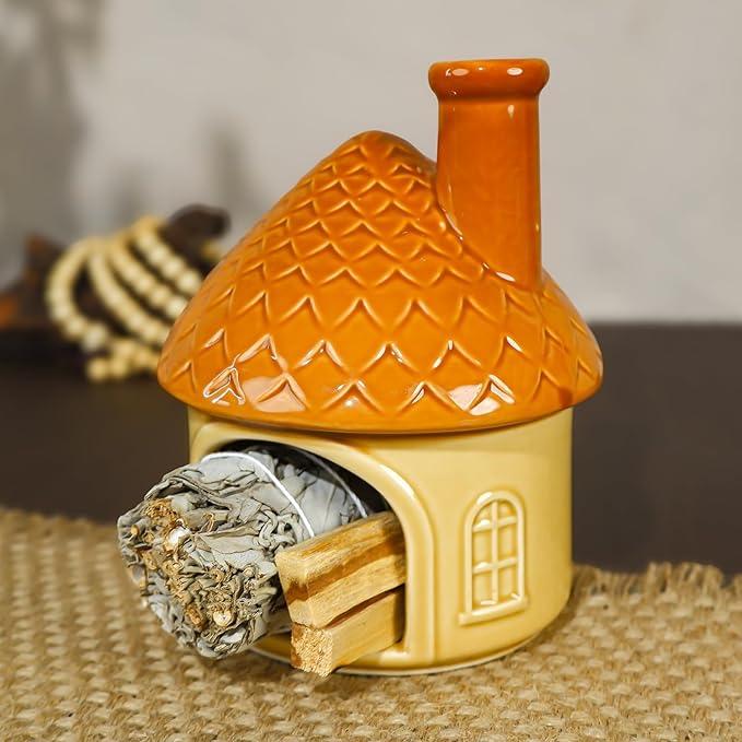 Mougigi Mini Ceramic Palo Santo Burner - Yellow House Chiminea Incense Holder with Stable Base, Ideal for Smudging Sage, Burning Incense Cones - Perfect for Meditation, Yoga, Altars, Home Decor