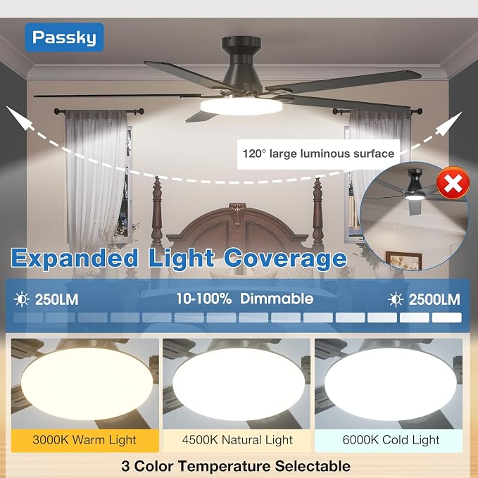 Passky Ceiling Fans with Lights, 60 inch Flush Mount Ceiling fan with Remote Control, Low Profile Ceiling Fan for Bedroom, Farmhouse, Reversible, 3CCT, Dimmable, Noiseless DC Motor, Black