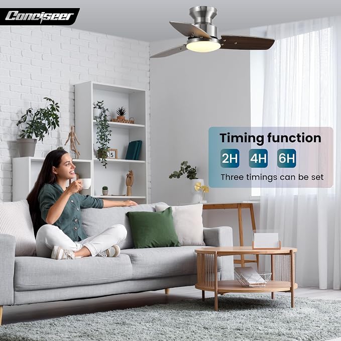 30 Inch Ceiling Fans with Lights and Remote, Bedroom Living Room Office, Flush Mount, 6CCT Dimmable, Dual Color 3 Blades 6 Speed Reversible Quiet DC Motor, Sand-Nickel/Wood Grain, 2 Pack