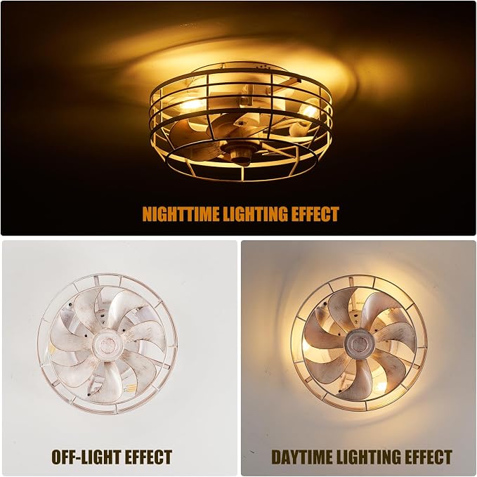 Ceiling Fan with Light and Remote, Modern Flush Mount Fan Lights Cage Ceiling Fixture, Bladeless 12 in 6 Speeds Fans with Lights for Kitchen Bedroom Living Room, White and Gold