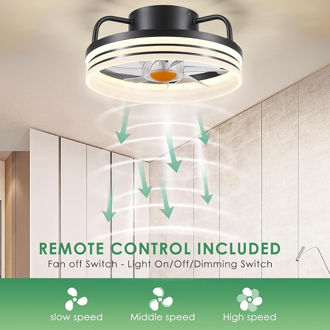 Mpayel Ceiling Fans with Lights and Remote - Flush Mount Low Profile Ceiling Fans - 13” Bladeless Enclosed Ceiling Fans with Led Light and Stepless Dimming, Small Modern Ceiling Fan for Bedroom
