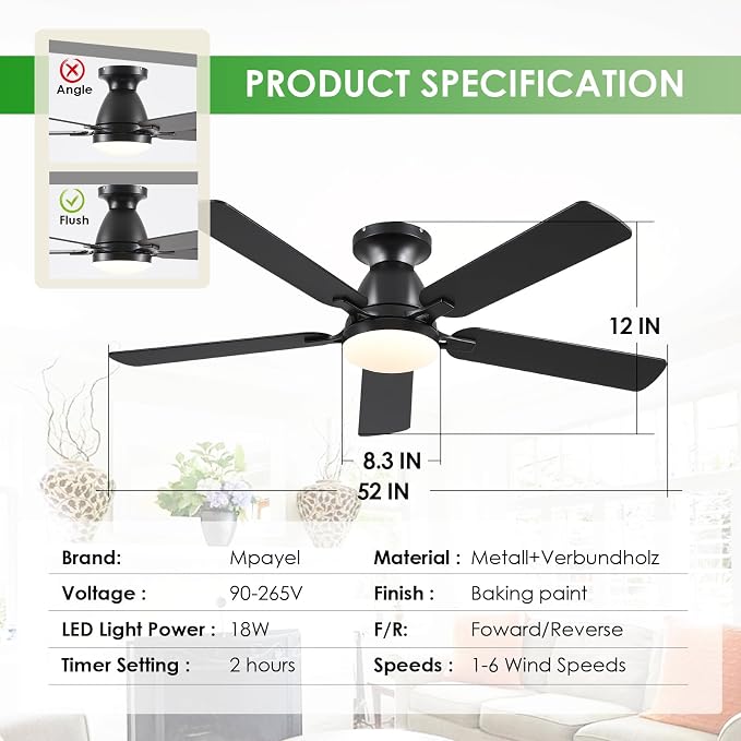 Mpayel 52 Inch Ceiling Fans with Lights and Remote, Black Ceiling Fan with Light Flush Mount, Low Noise, Reversible, Dimmable, Modern Low Profile Ceiling Fan with Light for Bedroom Indoor Outdoor