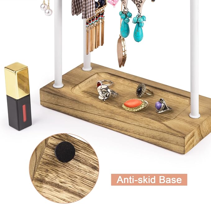 SRIWATANA Jewelry Organizer, Necklace Stand, Carbonized Black & White | 3-Tier Necklace Organizer with Wood Tray Base; Ample Storage for Long Necklaces, Earrings with Holes, and Rings