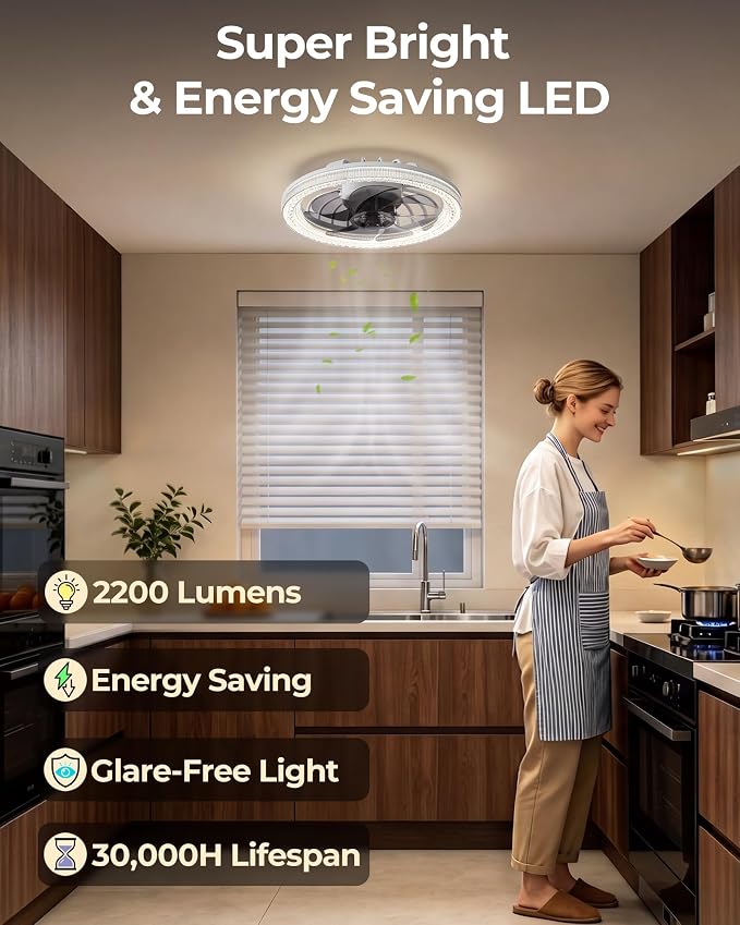 Low Profile Screw in Ceiling Fan Light, 2200LM Dimmable Light Socket Fan with Remote Control and Extender, Small Light Bulb Fan Combo for Recessed, Laundry Room, Closet, Garage, Basement, Pantry