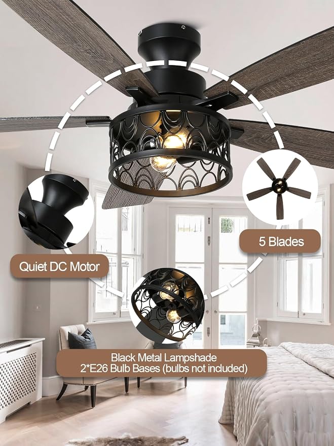 52" Farmhouse Ceiling Fan with Lights Flush Mount Metal Caged | Remote Control Rustic Fandelier, Low Profile Chandelier Fan for Bedroom Dining Room, 5 Dual Blades, Reversible Quiet DC Motor