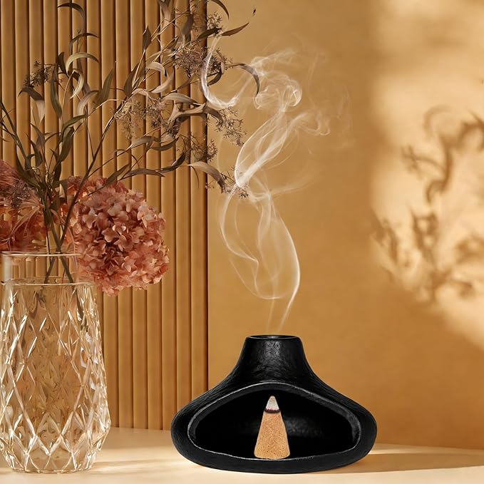 Ceramic Palo Santo Holder with Mini Chimney, Ash Catcher Incense Holder for Palo Santo Sticks, Sage Bundles, Incense Cones, Fireplace Style Smudge Bowl for Meditation, Yoga Home Decor(Black)