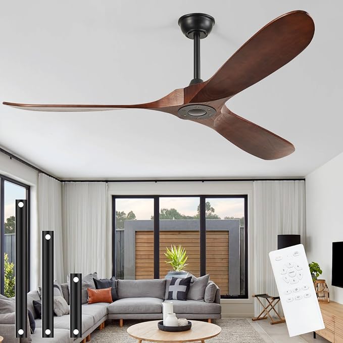60'' Outdoor Ceiling Fans without Light,3 Solid Wood Blades with DC Silent and Large Airflow,Modern Ceiling Fan for Bedroom,Living Room,Porch (dark walnut)